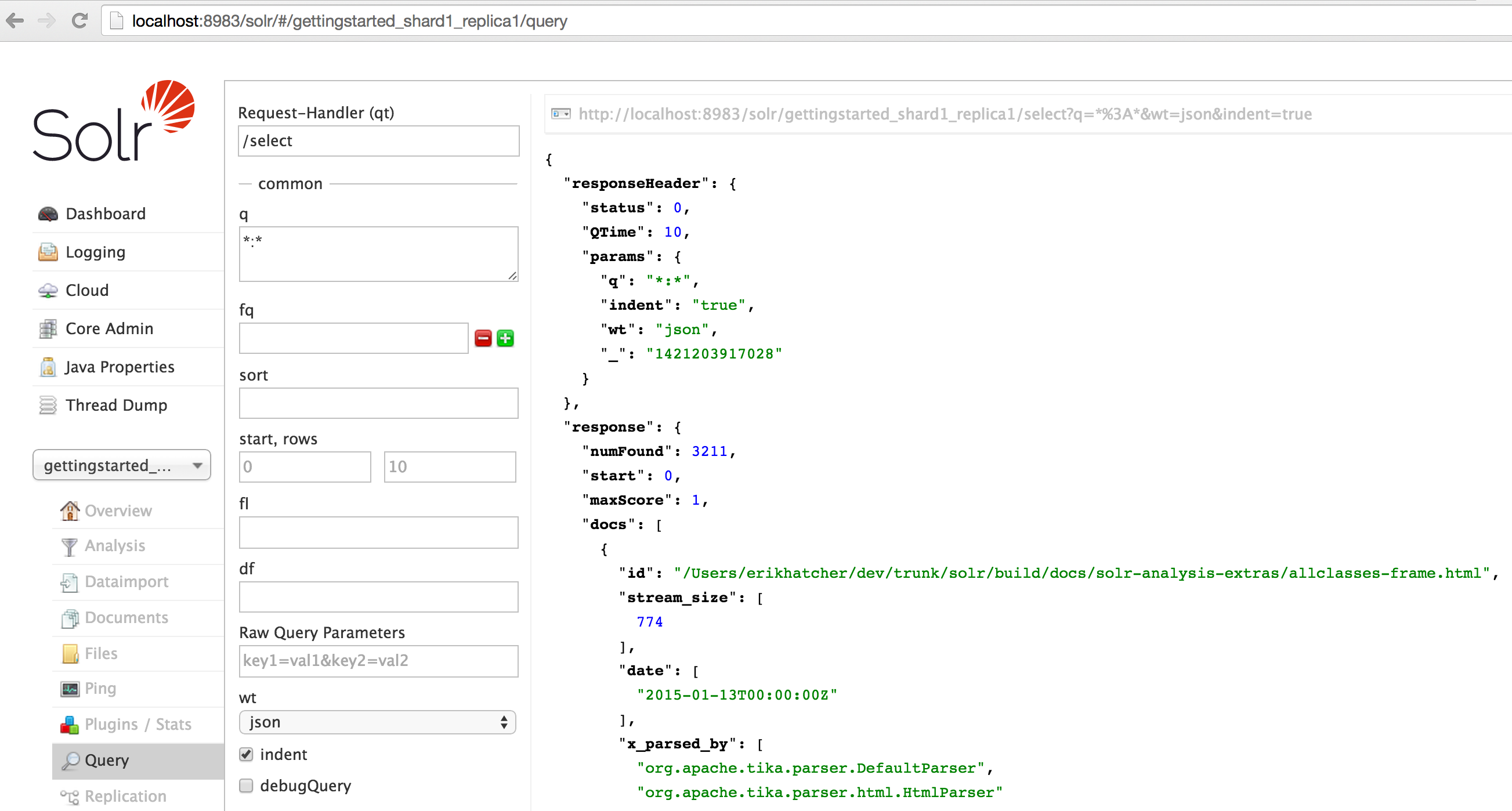 Solr Quick Start: gettingstarted Query tab